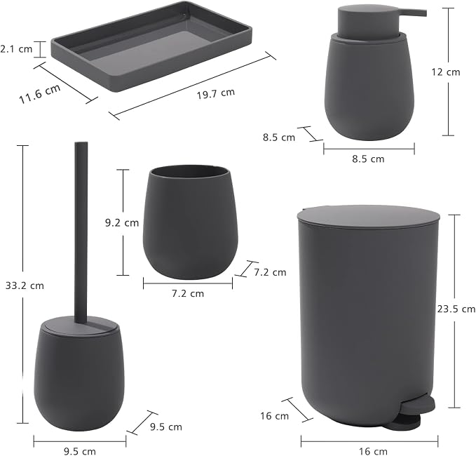 GAHEFY Grey Bathroom Accessories Set with Small Trash Can 3 Liter/0.8 Gallon,Toothbrush Holder,Soap Dispenser,Vanity Tray,Toilet Bowl Brush and Holder Grey 5PCS