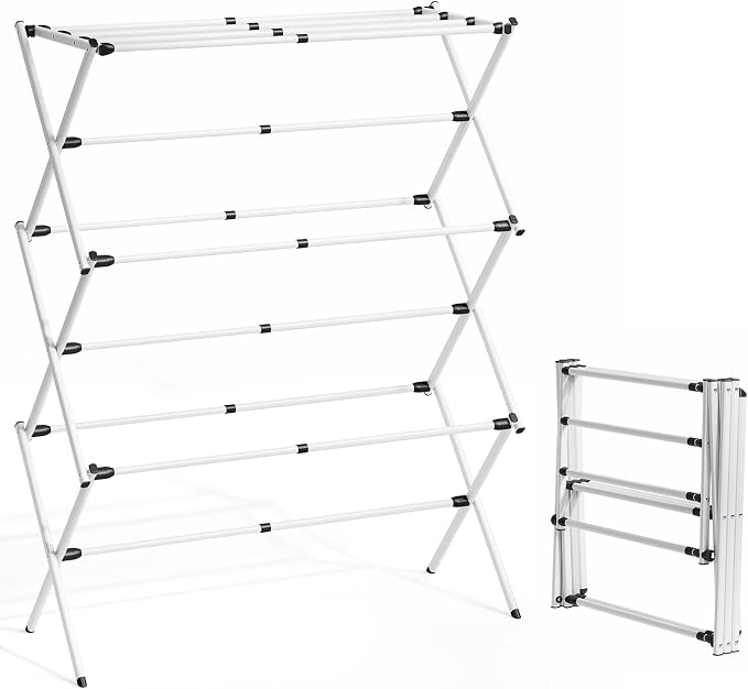 APEXCHASER Large Clothes Drying Rack Foldable, Drying Rack Clothing, Extendable Laundry Drying Rack, Space-Saving, Suitable for Indoor/Outdoor Use, 45.28" × 14.57" × 35.51", White