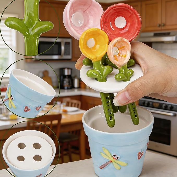 Ceramic Measuring Spoons, 2027 New Flower Measuring Spoons Set In Pot, with Base Decorative Flower Pot and Cup Set for Home and Kitchen (Blue base)