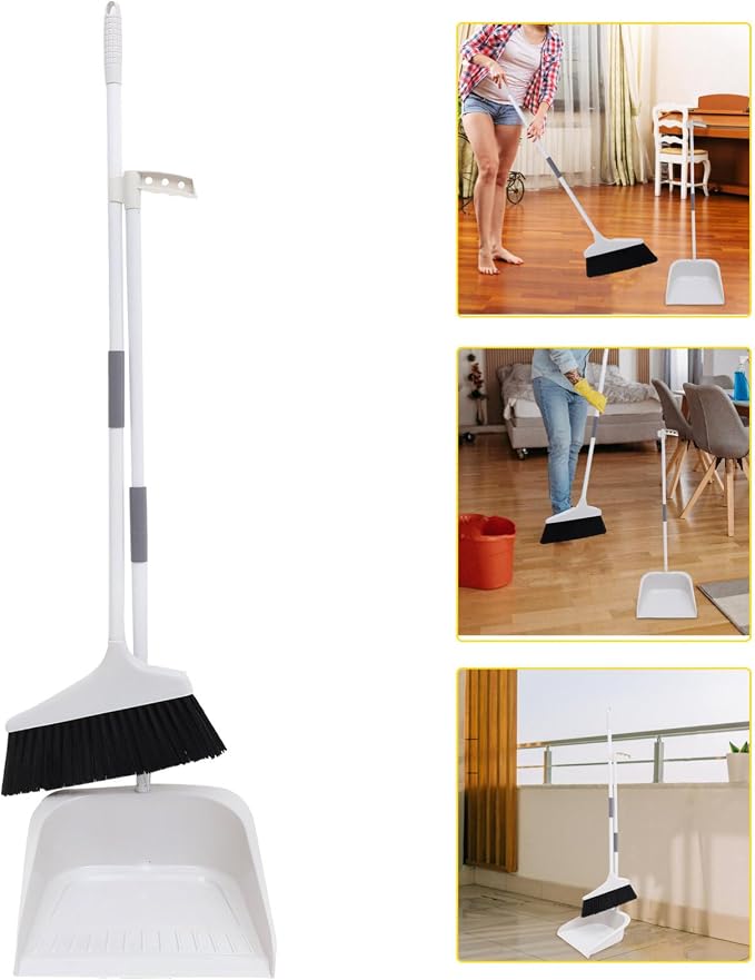 Broom and Dustpan Set, Heavy Duty Dust Pan and Broom with Long Handle, Standing Dustpan Set Household Floor Cleaning Tools for Home Kitchen Indoor Sweeping White