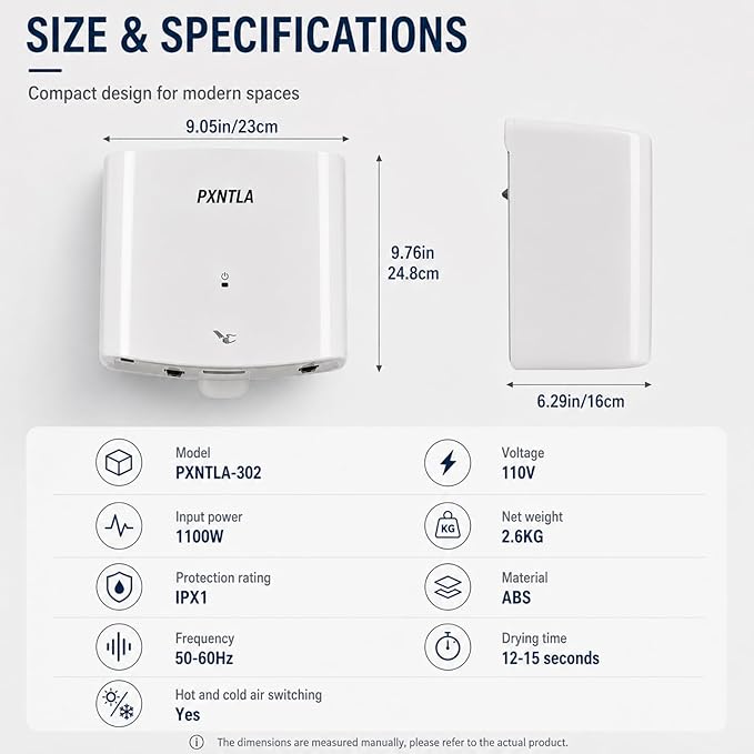 Hand Dryer, 12-15 Seconds Fast Dry Hands, 100-130V Voltage, Bottom Hot & Cold Air Switch, IPX1 Waterproof & 60s Overheat Protection