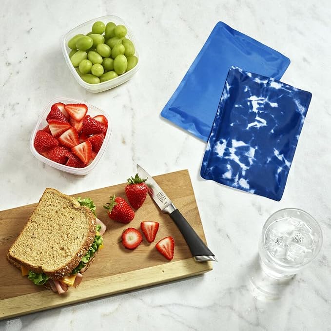 Fit & Fresh Cool Coolers 2 Pack Soft Ice for Lunch Bags, Flexible Stretch Nylon, Durable, Reusable Lunch Box Ice Packs, Soft Ice, Reusable Freezer Packs, Lunch Ice, Easy to Clean, Blue Tie Dye