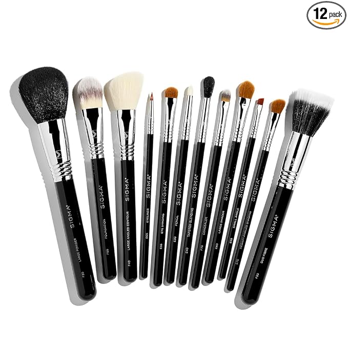 Sigma Beauty Essential Makeup Brushes Set – Professional Grade Makeup Brush Set with Premium Fibers and Sleek, Durable Handles for Face & Eyes, Includes 12 CK001 Black Makeup Brushes