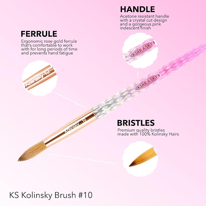 Kiara Sky Kolinsky Acrylic Nail Brush #10 – Pure Kolinsky Sable Hair, Pink Crystal Handle, Acetone Resistant, for Acrylic Application, Extensions & 3D Nail Art