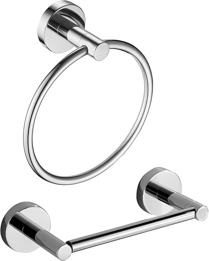 Chrome Toilet Paper Holder Towel Ring,Bathroom Hardware Set,Hand Towel Holder Wall Mount Tissue Roll Holder with Double Post Bath Accessories SUS304 Stainless Steel 2pc