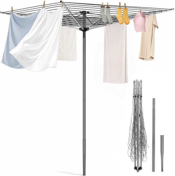 131FT Outdoor Umbrella Clothes Drying Rack | 131FT Metal Drying Rack Clothing, 4-Arm 360°Rotary, Collapsible Clothesline for Lawn Garden Backyard, 67.52" Height