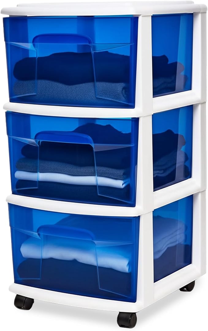 HOMZ Drawer Tower, 3-Tier Clear Blue Plastic Storage Organizer Cart, White Frame - Rolling Drawer Containers with Wheels for Bathroom, Bedroom, Office, and Classroom Organization