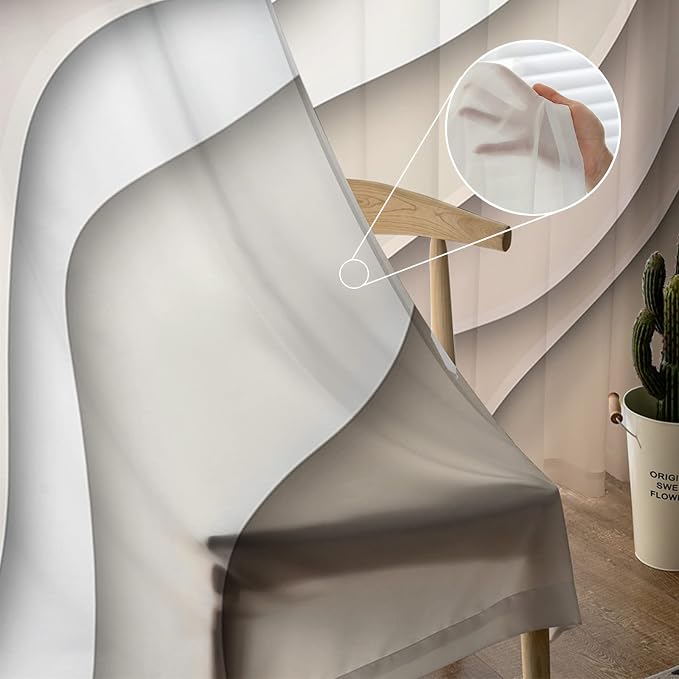Geometric Sheer Curtain 96 Inch Rod Pocket Ombre Cream Beige Living Room Bedroom Kitchen Cafe Window Curtains & Drapes,Modern Abstract Ocean Beach Seawaves Chiffon Tulle Curtains,Brown White 104"x96"