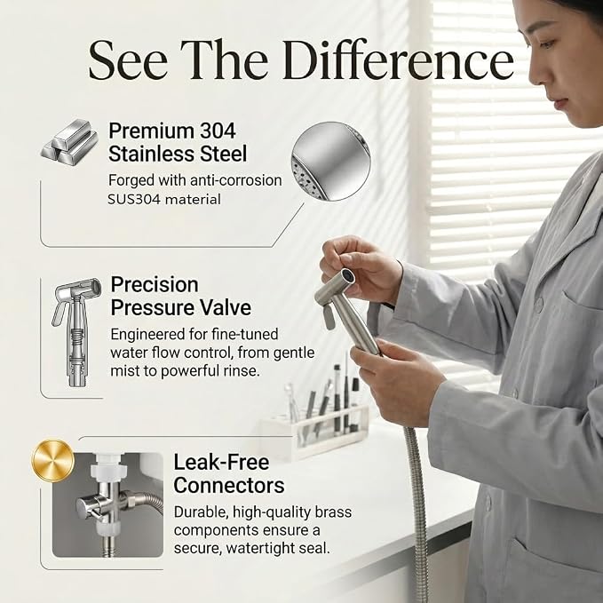 BARROCK Handheld Bidet Sprayer for Toilet, Stainless Steel Metal Made Baby Cloth Diaper Spraying Kit, Bathroom Toilet Bidet Attachment Set for Bathing Pets and Feminine Hygiene, Brushed Nickel