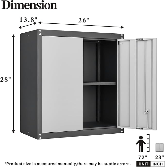 GREATMEET Lockable Storage Cabinet, Metal Garage Storage Cabinets, Metal Wall Cabinet for Garage, Wall Mount Cabinet with Lock and Adjustable Shelf, Floating, Black&Grey