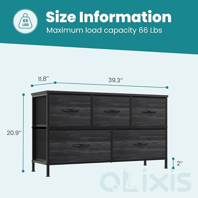 OLIXIS 5 Drawer Dresser for Bedroom, Storage Organizer Unit for Closet | Chest of Drawers for Clothes Storage with Bins, Wide Fabric Bedroom Dresser, Wooden Top, Living Room, Black Wood