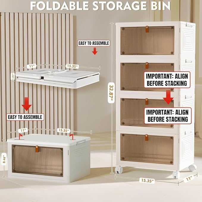 YFXCVSL 4 Tier Plastic Storage Bins with Lid 23QT, Stackable Storage Containers with Wheels, Folding Storage Boxes, Stackable Storage Bins, Organizers and Storage for Living Room,Office,Dorm
