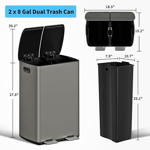 mVm Kitchen Trash Can, 16 Gal (2x8Gal) Dual Trash Can with Lids, 2 Compartment Recycling Bin Anti-Fingerprint for Kitchen Office Garbage Can