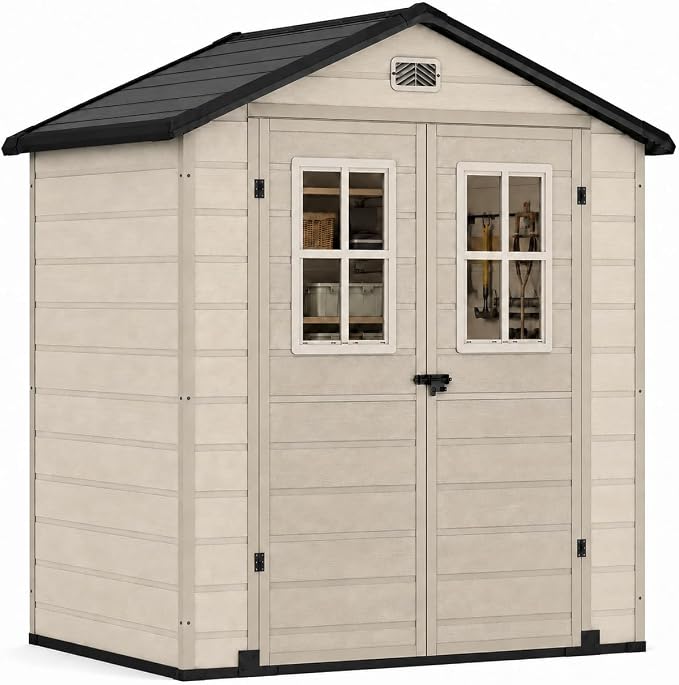 DWVO 6x4.4 FT Outdoor Storage Shed, Plastic Garden Tool Shed with 2 Windows, Double-Wall Resin Storage Shed for Lawn Mower, Garden Shed for Backyard Patio, Lockable, Greige&Gray
