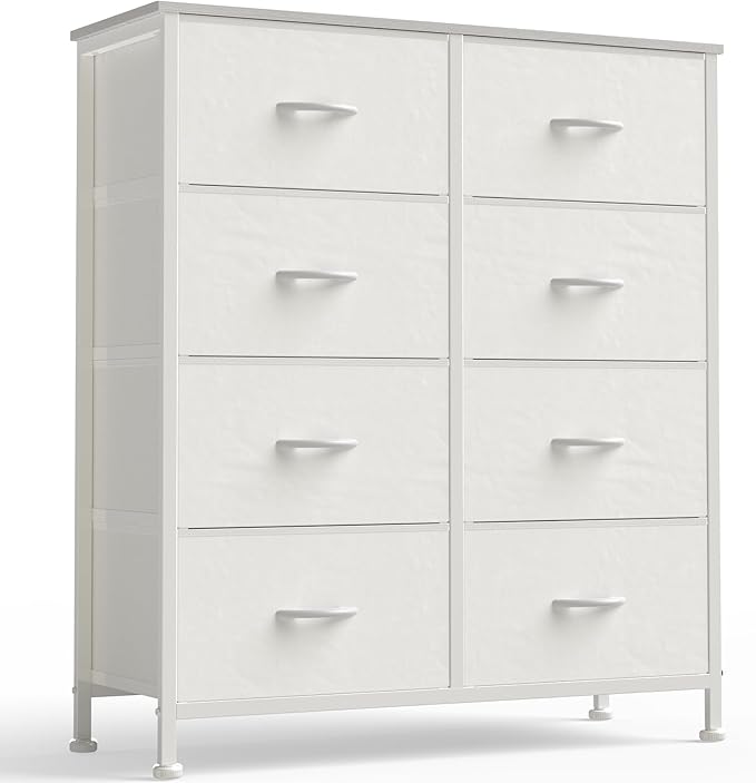 OLIXIS 8 Drawer Storage Dresser with Wood Top - Wide Fabric Chest Organizer for Bedroom, Closet, Living Room,Tower Cabinet, TV Stand, Hallway Entryway Furniture,White