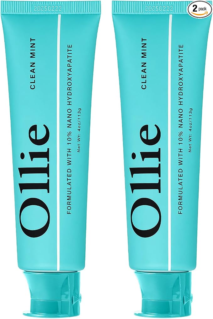 Ollie Fluoride Free 10% Nano Hydroxyapatite Toothpaste, Clean Mint, 4oz | Rod-Shaped Nano HAP, Remineralizes Enamel, Reduces Sensitivity, Reverses Small Cavities, Naturally Whitens Teeth, (Pack of 2)