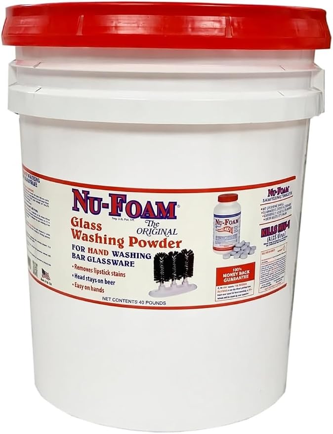 Nu-Foam Glass Washing Powder - Detergent for Bar Glassware – Original Streak-Free Solution - Hand Washing Bar, Tavern, Brewery Supplies - Spotless Serving Glasses - Easy On Hands - 40Lb Pail