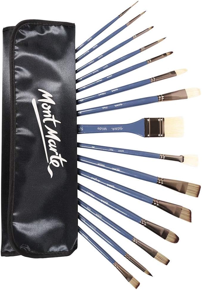 Mont Marte Premium Brush Wallet Set, 15 Piece, Includes Hog Bristle and Taklon Brushes, Suitable for Watercolor, Acrylic, Oil, Gouache and Tempera Painting