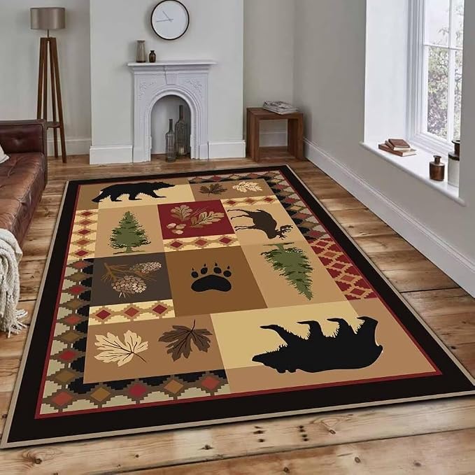 Vintage American Style Patchwork Area Rug for Dining Room Non-Slip Rustic Lodge Cabin Moose Deer Rugs Home Decor Abstract Black Bear Carpet Mats 4'x6'