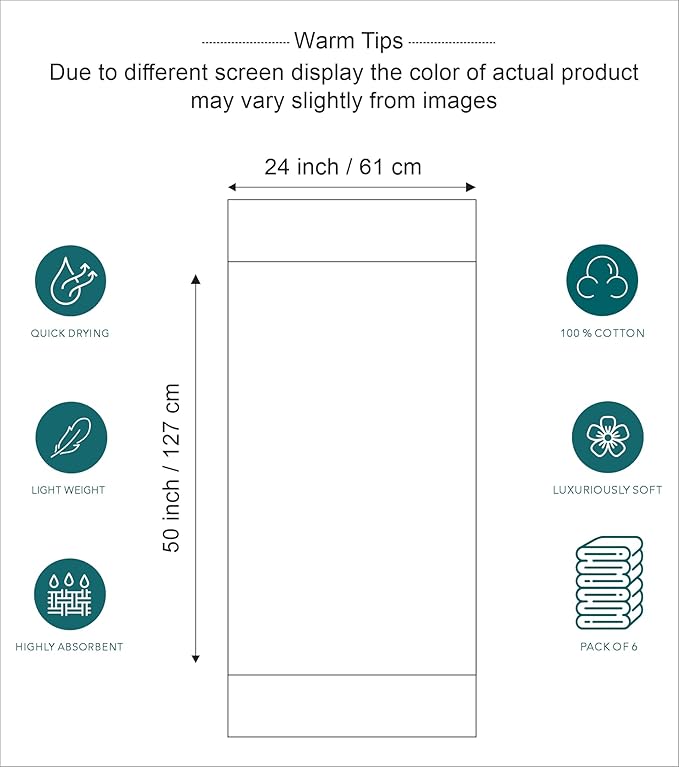 Pleasant Home Bath Towels Set of 6 (24” x 50”) 100% Cotton, 515 GSM | Soft & Highly Absorbent Towels for Bathroom, Gym, Pool & Spa | Bulk Bath Towels 6 Pack - Neutral Mix