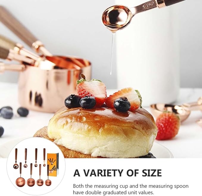 Healeved Measuring Spoon and Cup Set and Stainless Steel Construction 8pcs with Walnut Handle Double Graduated Units, Easy to Use and Clean, for Cooking and Baking