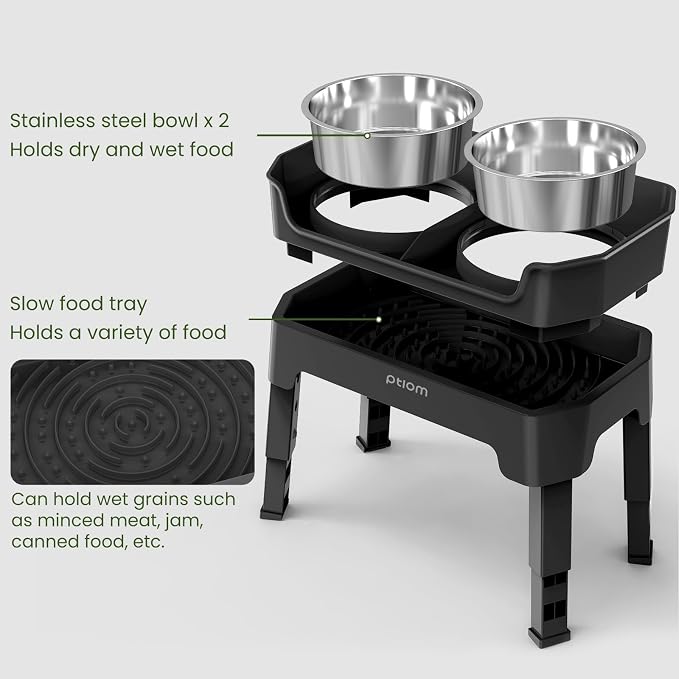 3-in-1 Elevated Dog Bowls Mess Proof Raised Slow Feeder Dog Bowls, 4 Height Adjustable Dog Bowl Stand Licking Plate with 2 56oz Stainless Steel Dog Food Bowls for Small Medium Large Dogs Pets