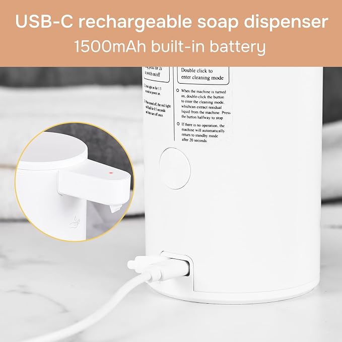 Automatic Soap Dispenser Stainless Steel with Sensor Infrared Soap Dispenser Electric IPX5 Waterproof USB-C Charging Motion Sensor for Kitchen & Bathroom, 9oz (White)