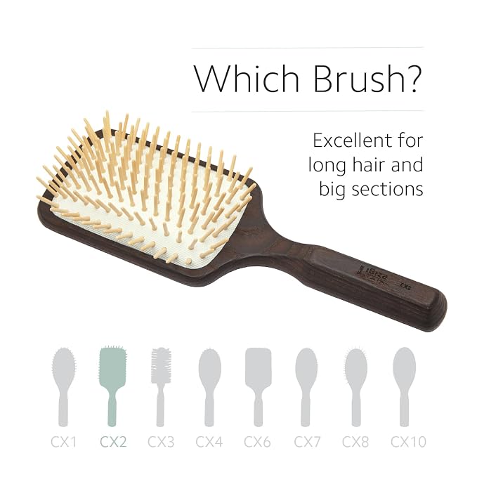 Ibiza Hair Paddle Detangling Brush (CX2) | Natural Wooden Pins to Stimulate Scalp & Reduce Drying Time | Durable, Lightweight Carbonized Wood | Hypoallergenic Design