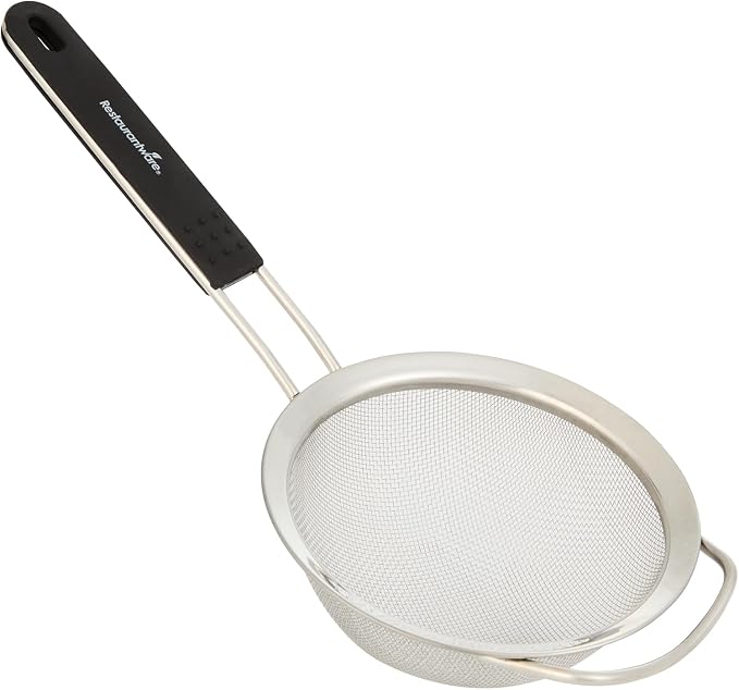Restaurantware Fine Mesh Strainer 1 Count 15" x 7.8" x 3" with Silicone Handle Stainless Steel Extra Fine Mesh Strainer Heat-Resistant Handle Dishwasher-Safe for Rice, Quinoa, Pasta