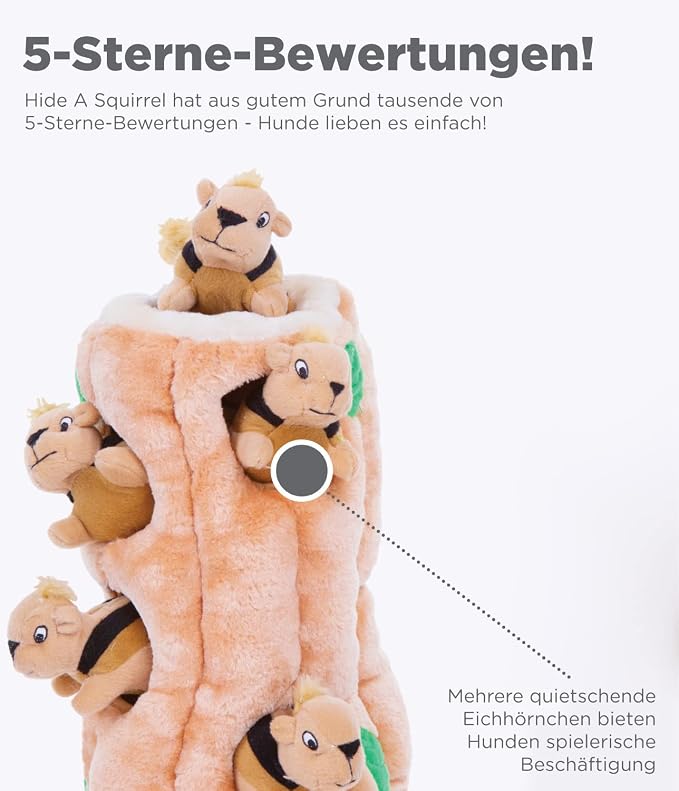 Outward Hound Hide-A-Squirrel Dog Toy – Interactive 2‑in‑1 Plush Puzzle with 3 Squeaky Removable Squirrels, Medium