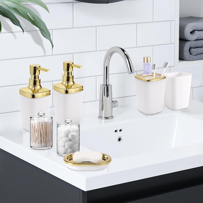 XLHOMO Bathroom Accessories Set, 9 Pieces White Bathroom Set, Bathroom Accessory Set with Slim Trash Can,Soap Dispenser,Toilet Brush,Toothbrush Set, Qtip Holders for Housewarming
