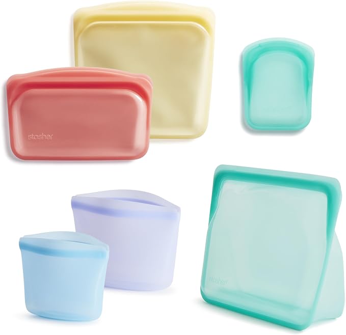 Stasher Premium Reusable Silicone Food Storage Bags, 6-Pack, Multicolor | Food-Safe Silicone, BPA-Free, Leak-Free, Eco-Friendly, Dishwasher, Lunch Bag, Travel Containers, Meal Prep, Lunch, Travel