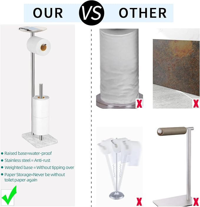 FEILERN Toilet Paper Holder Stand for Bathroom Floor Standing Toilet Roll Dispenser Storages 4 Reserve Rolls, with Top Storage Shelf for Cell Phones, Wipe, Wallet and More(Marble Brush Nickel)