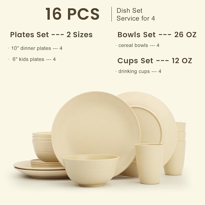 Homienly Premium Wheat Straw Dinnerware Sets, Lightweight & Unbreakable Plates and Bowls Sets,Cups,Service for 4,Dishwasher and Microwave Safe 16 PCS Dish Sets for Home，Camping- Beige