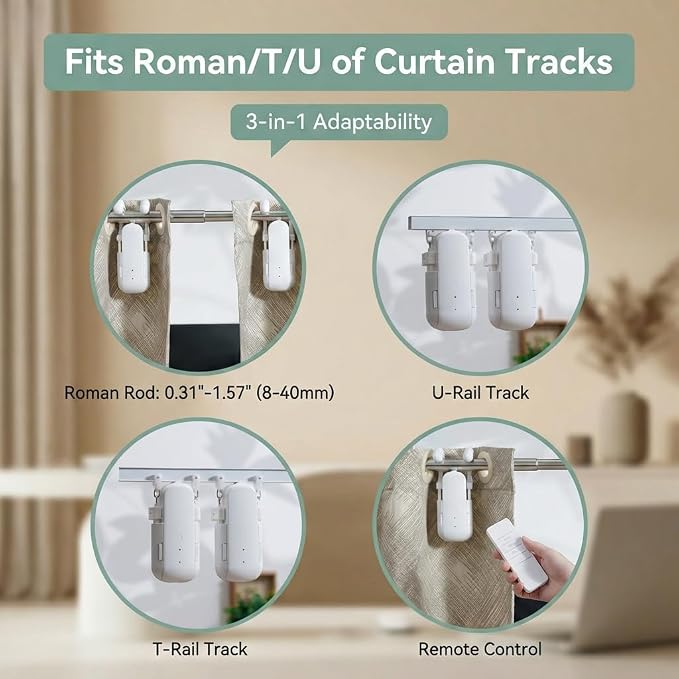 Smart Electric Curtain Opener Bluetooth Remote 20m Range | 4000mah Type-C Battery 6-Month Runtime | Compatible Roman T U Tracks | Easy Installation For Home Office Seniors