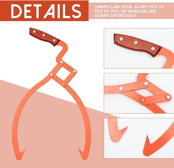 Blulu 2 Pcs 20 Inch, 12 Inch 2 Claw Log Tongs Logging Skidding Tongs with Non Slip Grip Stainless Steel Hand Log Grapple Lifter Handling, Dragging, Carrying Tool for Moving Wood Trees