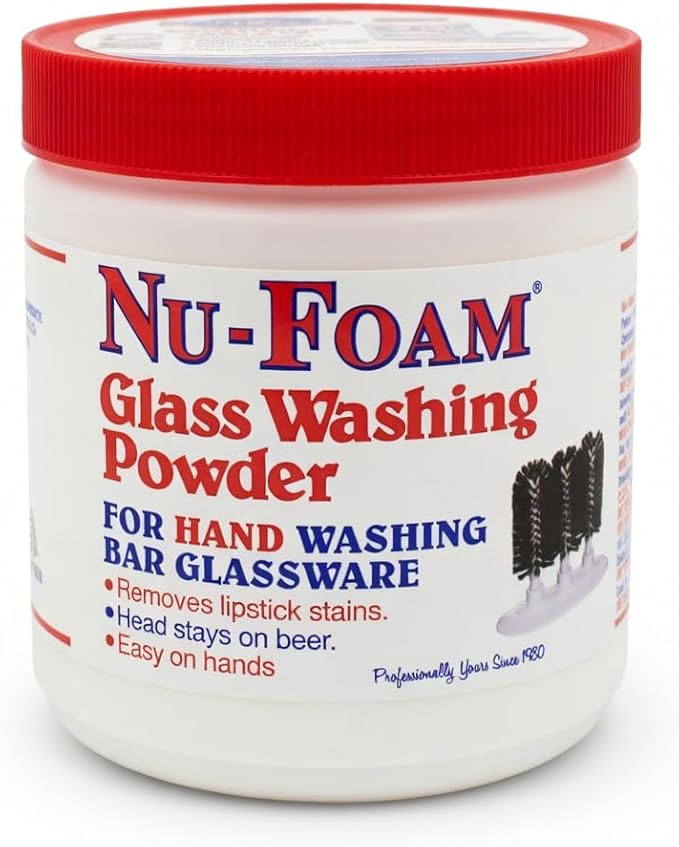Nu-Foam Glass Washing Powder - Detergent for Bar Glassware – Original Streak-Free Solution - Hand Washing Bar, Tavern, Brewery Supplies - Concentrated 1 Lb Jar