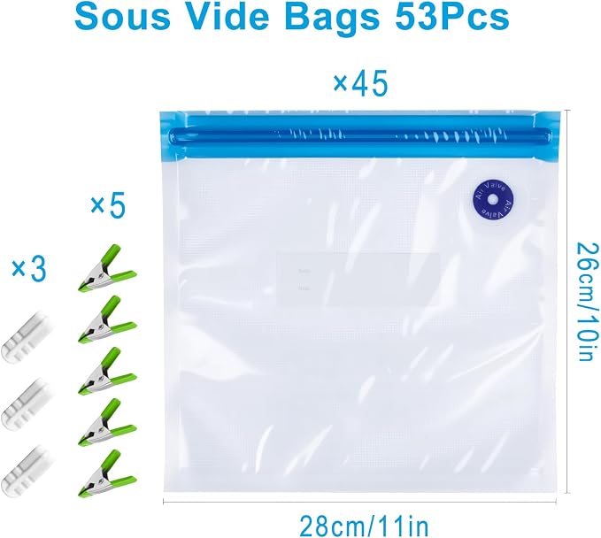 Reusable Sous Vide Bags 53Pcs BPA-Free, Ideal for Freshness Preservation, 45 Zipper Bags, 3 Seal Clips ＆ 5 Cooking Clips, Heat-Resistant & Leakproof (10x11in)