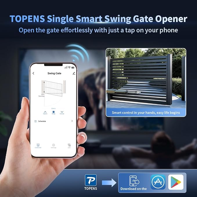 TOPENS XD551 Smart Gate Opener for Medium Duty Single Swing Gates Up to 18ft, Automatic Gate Opener with App Control AC Powered Remote Control Kit Solar Compatible