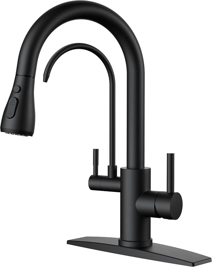 FORIOUS Black Kitchen Faucets with Water Filter, 2 in 1 Stainless Steel Pull Down Sink Faucet and Purified Water Faucet Rustic High Arc Single Handle with Detachable Deck for 1 or 3 Hole