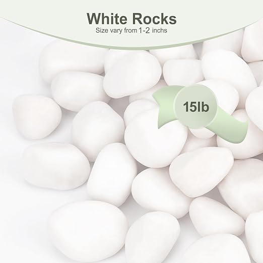 Pulovin 15 lbs White Rocks for Landscaping, Vases, Plants Indoor, 1-2 Inch | Large White Rocks for Plants, Decorative Polished Stones for Garden, Walkways, Yard, Plants Pots, Vases, Crafts
