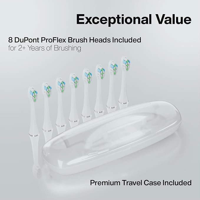 Aquasonic Elite Ultra-Whitening Toothbrush – ADA Accepted Power Toothbrush - 8 Proflex Brush Heads & Travel Case – 50,000 VPM Motor & Wireless Charging - 5 Modes w Smart Timer (White)