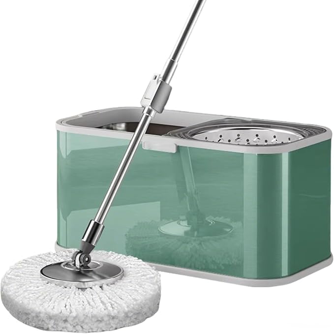 Stainless Steel Spin Mop Bucket Set with 5 Microfiber Mop Heads (Green) | 360° rotating mop head, adjustable handle, rolling wheels, cleans tile, hardwood & laminate floors