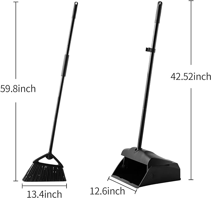 Eyliden Commercial Angle Broom and Dustpan Combo, with Long Handle and Lid, Lobby Dust Pan Sweep Set for Outdoor Garages Courtyard Sidewalks Decks Indoor Home Kitchen Room Office (Black Broom+Dustpan)