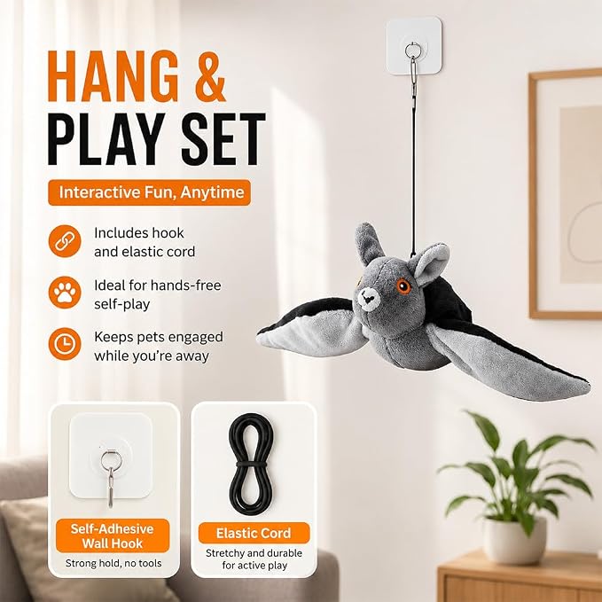 Flying Bat Toy for Dogs & Cats Realistic Bat Flight Flapping Wings Interactive Pet Toy with Chirping Mimics Real Flying Motion Detachable USB Rechargeable Hanging and Ground Play，2sets
