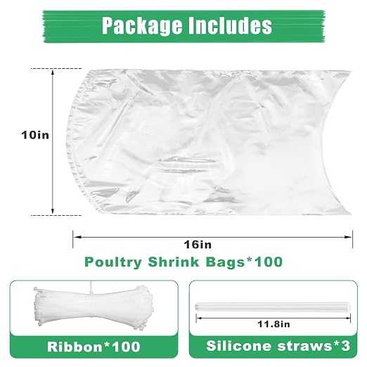Poultry Shrink Bags 10x16" (100 Pack) – BPA Free Freezer Safe | Heat Shrink Bags for Chicken, Turkey, Rabbit – with 100 Zip Ties & Silicone Straw