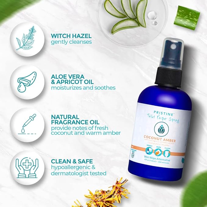 PRISTINE Toilet Paper Spray, As Seen on Shark Tank, Flushable Wipe Alternative, Personal Cleansing Bathroom Spray for Regular Toilet Tissue, Bidet Alternative, Made in USA, Coco Amber, 1oz Travel