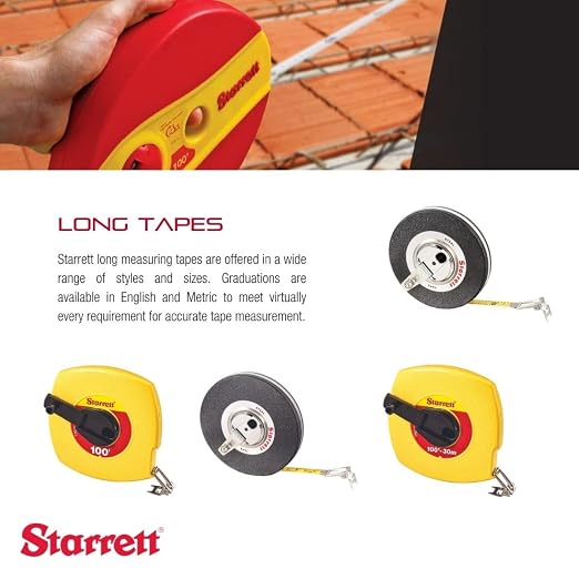 Starrett Closed Reel Long Line Tape with Nylon Rollers, Rewind Mechanism, and Folding Hook Ring - 50' Length, 3/8" Width, 1/8" Graduation, L1 Graduation Style Number - 530-50