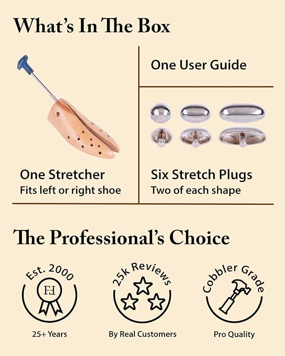FootFitter Premium Professional One‑Way Shoe Stretcher, Width Expansion | Heavy Duty Wooden Shoe Stretcher Extends Up to ½ a Size, Provides Targeted Relief for Tight Areas with Metal Spot Plugs