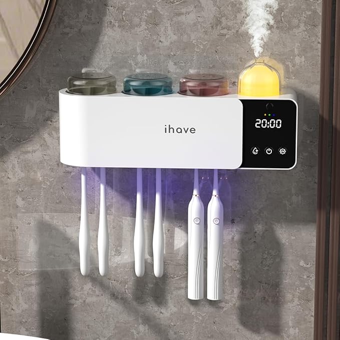 iHave Toothbrush Holders Wall Mounted with Toothbrush Sanitizer &Aromatherapy Diffuser Auto-Cycle Disinfection, Heated Fan Drying, USB Rechargeable, IR Night Light, LED - 3 Cups Bathroom Organizer